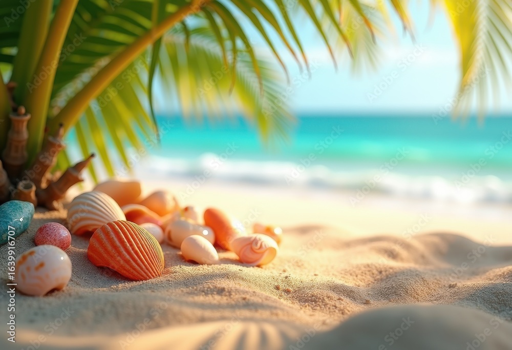 Obraz premium tropical beach seashells arrangement colorful sand vibrant ocean paradise serenity coastal beauty, shore, marine, rocks, wavy, blue, cyan, luminous, shoreline