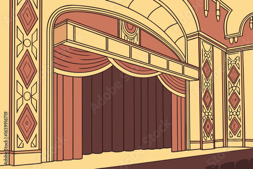 stage set up for a live performance inside the alabama theater with elegant lighting and rich curtains