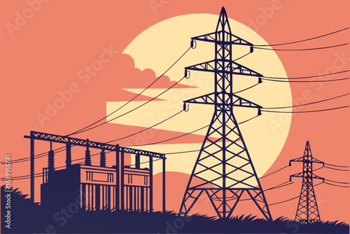 sunset behind an alabama power substation with tall transmission towers and glowing insulators