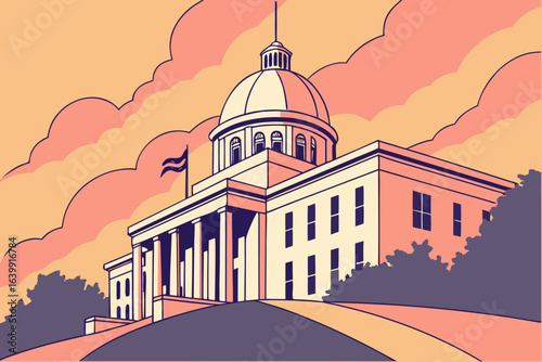 sunset behind the Alabama State Capitol in montgomery alabama with warm light casting shadows