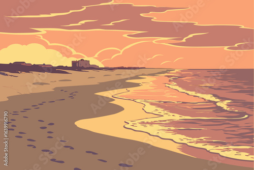 sunset casting golden light over the beach in gulf shores alabama with gentle waves and footprints in the sand