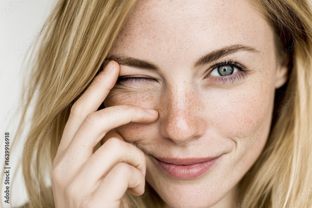 Image of a young blonde woman caressing her eye wrinkles against a white backdrop Image of a young blonde woman caressing her eye wrinkles against a white backdrop