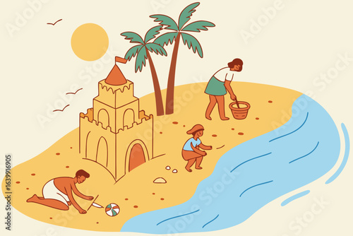 tourists sunbathing and building sandcastles along the shoreline of orange beach alabama under a bright summer sky