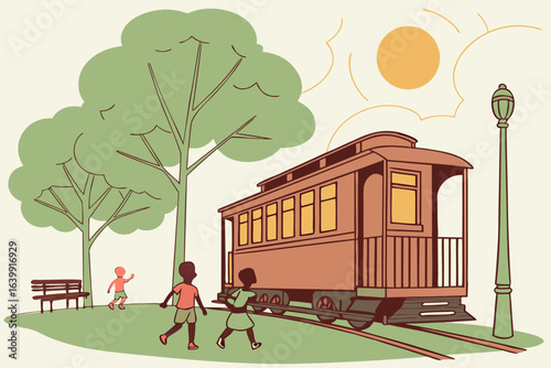 vintage train car displayed in a city park in foley alabama with children playing nearby under sunny skies