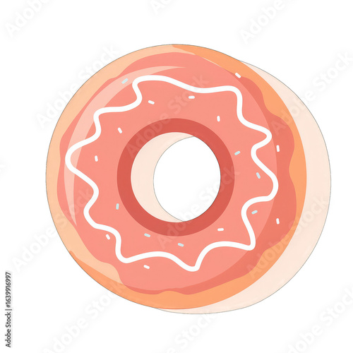 A simple, cartoon-style donut with a light-pink icing and white frosting, decorated with sprinkles