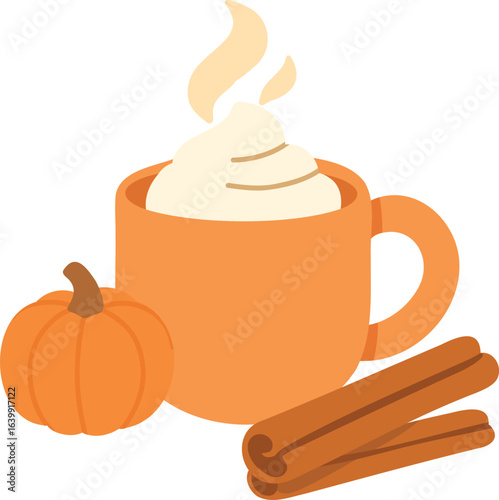 Cute flat vector of pumpkin spice latte with cinnamon sticks and tiny pumpkin. Warm pastel autumn palette.