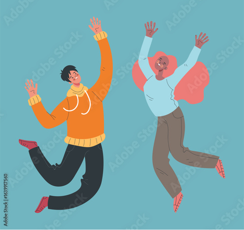 Happy young teen people jumping characters flat style simple design concept. Vector cartoon graphic illustration
