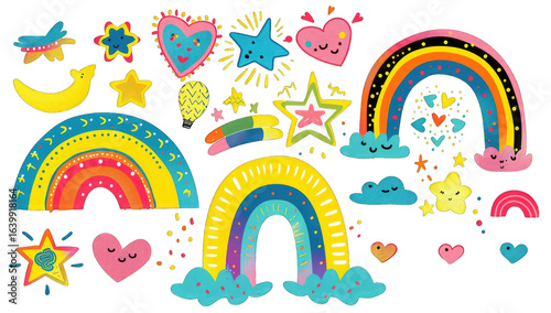 Colorful, whimsical designs of rainbows, stars, hearts, and clouds