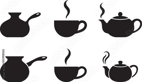Coffee and Tea Silhouette Vector Icon Set, Hot Drink and Beverage Icon Collection.