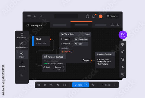 Interactive flowchart interface for api request visualization. Connected data nodes with dynamic output example. Modern workspace for backend process automation. Interface with popup windows