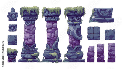 Pixel art set of ancient stone pillars and decorative elements.  Various sizes and styles of weathered stone columns, carvings, and mossy surfaces.  Purple-gray tones