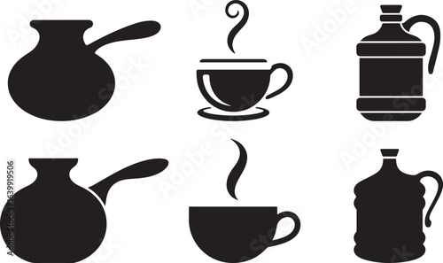 Coffee and Tea Silhouette Vector Icon Set, Hot Drink and Beverage Icon Collection.