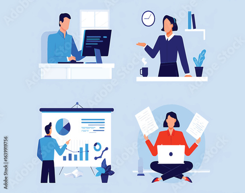 Set of Business People Characters in Office Workflow Situations