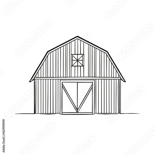 Simple line drawing of a classic barn in countryside setting  
