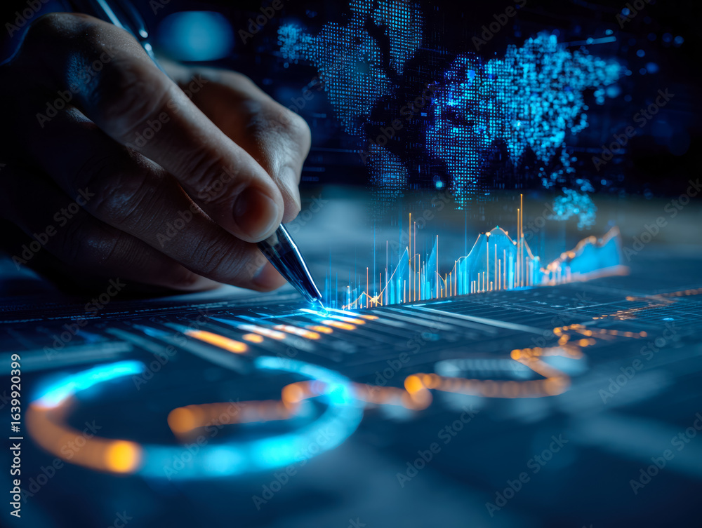 Naklejka premium Digital data analysis and global networking visualization