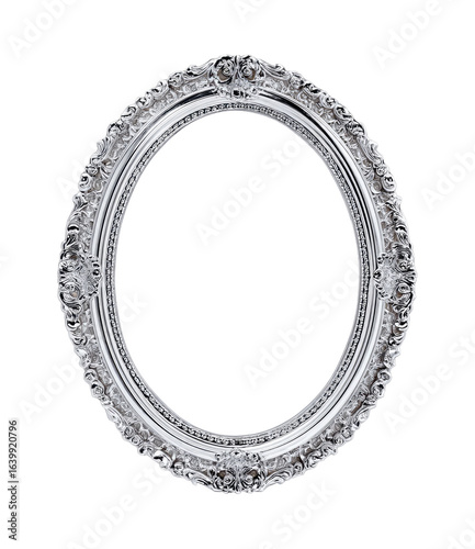Oval silver picture frame with ornate, detailed border