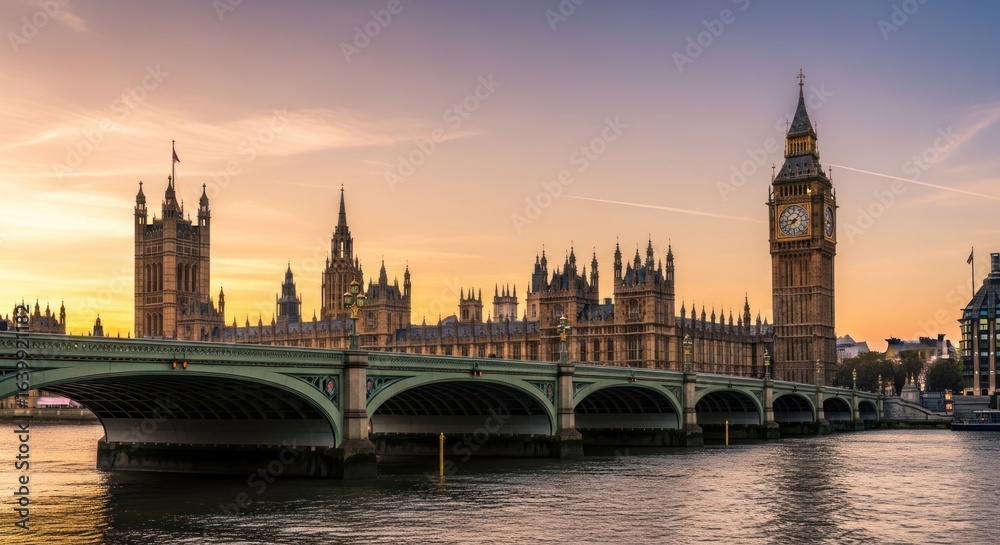 Naklejka premium London cityscape featuring bridge, Big Ben, Parliament against sunset sky