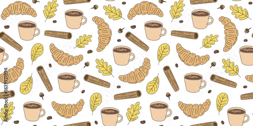Cup of coffee. Seamless pattern. Coffee bean, spices, cinnamon, croissant, cloves. Autumn leaves. Set of linear icons. Drawing, doodle.
