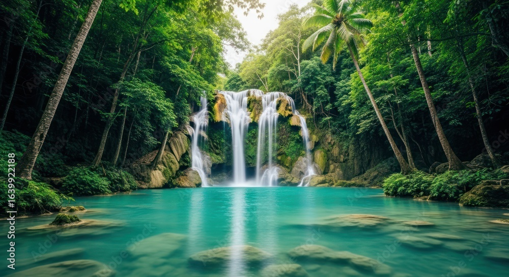 Naklejka premium Lush jungle waterfall spills into bright turquoise pool