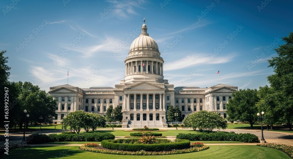 Obraz premium Majestic capitol building with a dome, surrounded by trees under blue skies