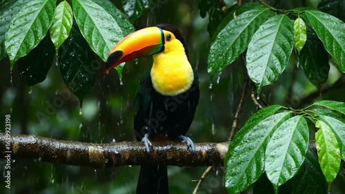 A toucan with a yellow throat and large colorful bill perched on a tree branch during a downpour