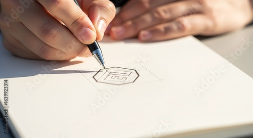 Close up of designer hands sketching a modern geometric logo on paper with pen