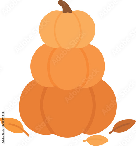Minimal vector of three stacked pumpkins in warm orange tones with fallen leaves.