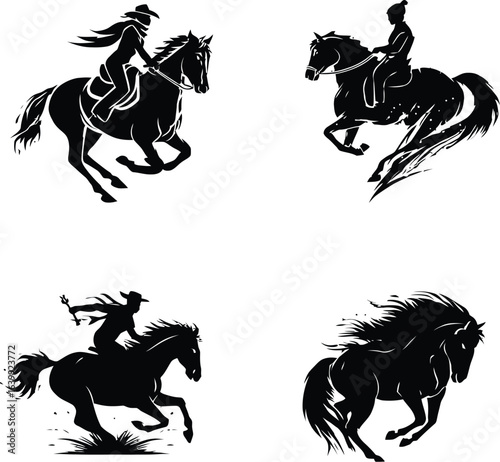 Four black and white silhouette illustrations of horses with riders in various dynamic poses