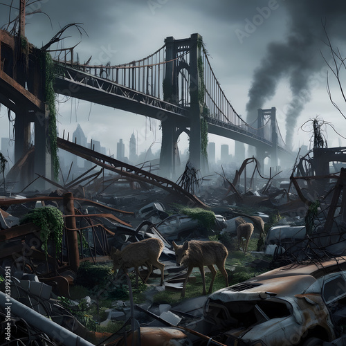 Deer standing on the street of the post apocalyptic city full of destroyed buildings. end of the world and dystopia concept, abandoned town, wasteland ruins after the storm. Ai generated image.