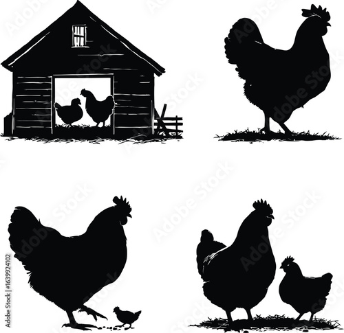 Black silhouettes of chickens and a barn on a white background in a vector style illustration