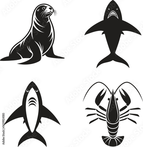 Aquatic Animals Vector Set Featuring Sea Lion Sharks and Lobster for Graphic Design and Illustration Projects
