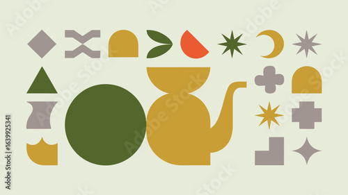Abstract Geometric Shapes Still Life Illustration Circles, Teapot, Stars, and Botanical Elements