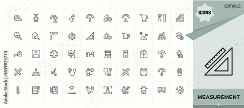 Measurement icon set. Set of line pictogram. Contains outline symbols like measure, ruler, scale, tape, equipment, weight scale, weight. Editable vector. Pixel perfect. Scale icon.