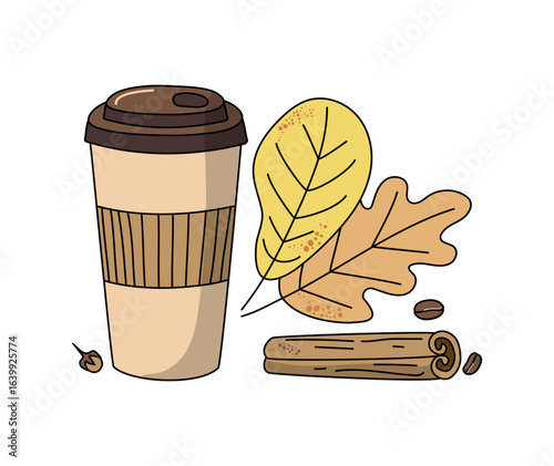Disposable cup with coffee. Coffee bean, spices, cinnamon, cloves. Autumn leaves. Set of linear icons. Drawing, doodle.
