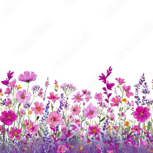 Vibrant mix of pink and purple flowers in a horizontal garden border