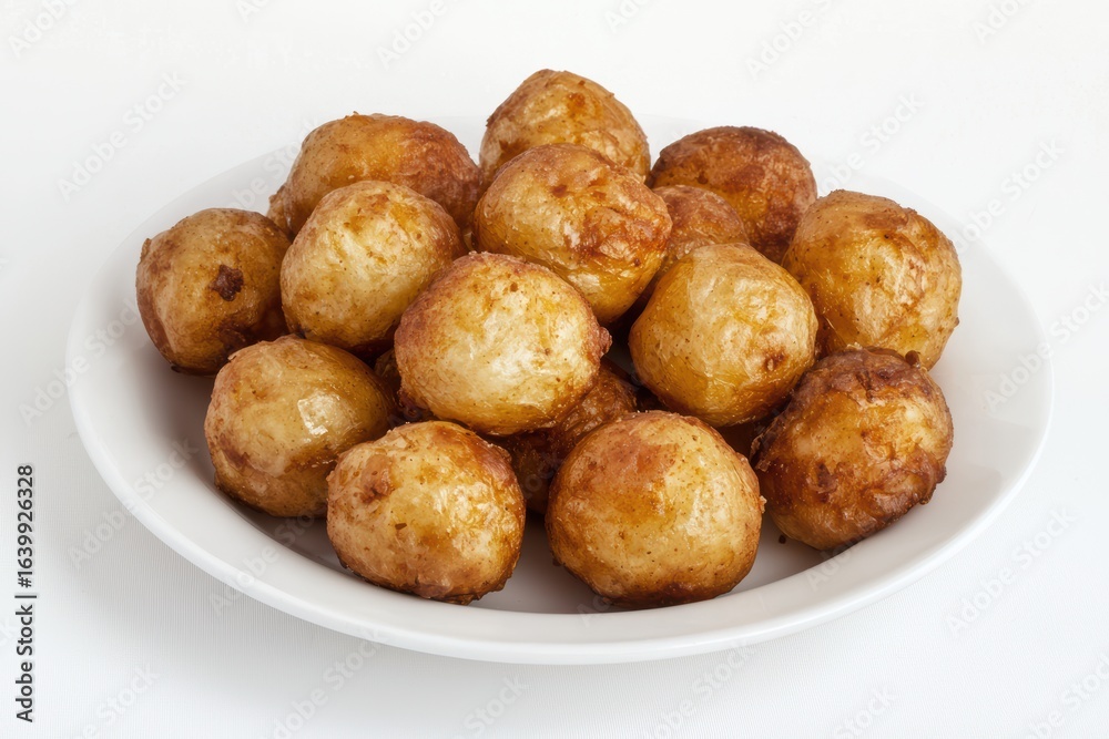 Delicious and crispy Golden Fried Potato Balls served elegantly on a pristine White Plate Delicious and crispy Golden Fried Potato Balls served elegantly on a pristine White Plate