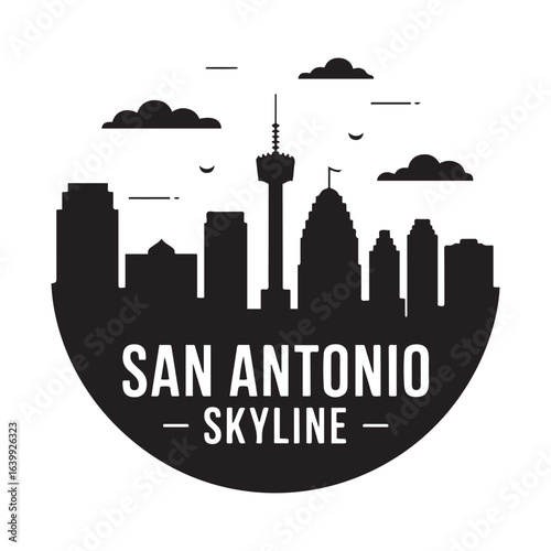 San Antonio skyline. Circular style. Stock vector illustration. Vector black silhouette. with white background.