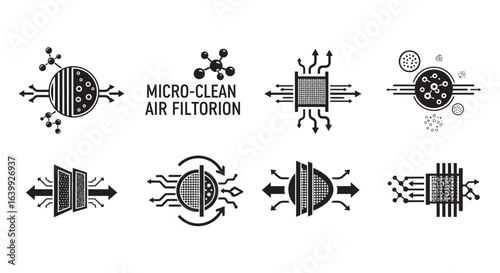 Air filtration system icons and molecular structure silhouette