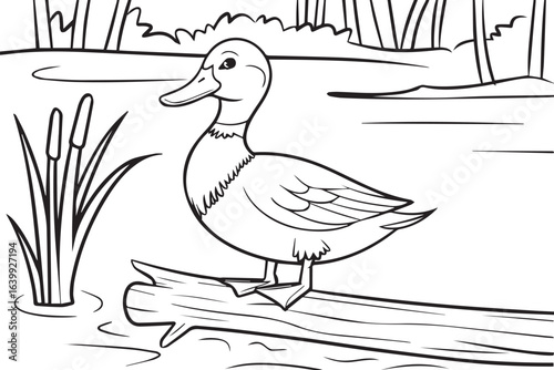 A duck sits on a log in a pond with reeds