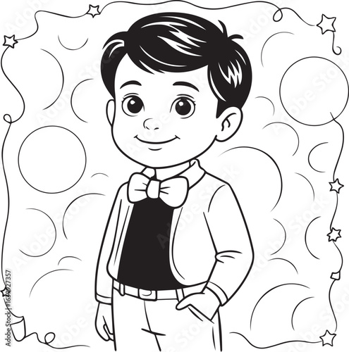 Smiling boy in a suit with a bow tie and festive background