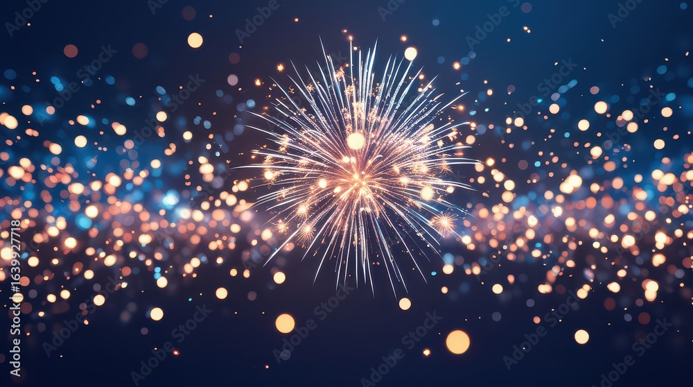 Fototapeta premium Fireworks display with bright golden and white bursts against a dark blue background with bokeh