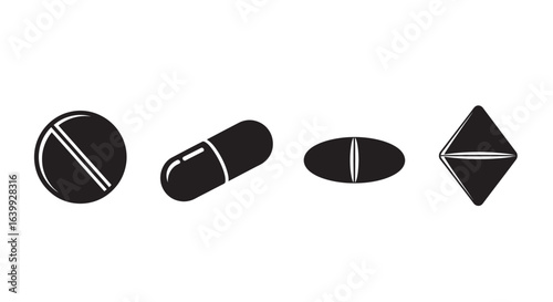 Collection of diverse pill and capsule shapes silhouette