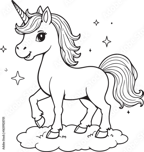 Whimsical unicorn standing on a cloud with sparkles