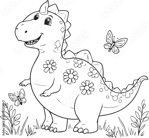 Cute cartoon dinosaur with flowers and butterflies in a field