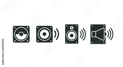 Collection of speaker icons with sound waves silhouette