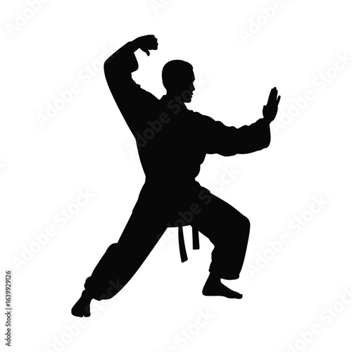 Wing chun kung fu master performing martial arts pose vector silhouette illustration isolated in black and white