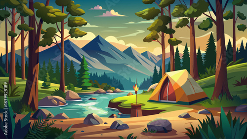 Camping tent in a camping in a forest by the river, gentle breeze, sparkling water, soft sunlight, serene atmosphere, peaceful retreat, lush greenery, calm reflections, harmony with nature, tranquil e
