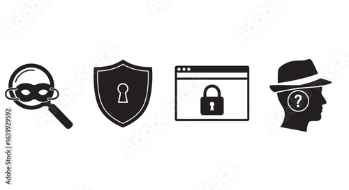 Cybersecurity and privacy icons including a detective magnifying glass shield lock and unknown person silhouette