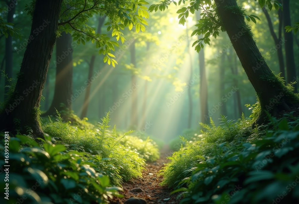Fototapeta premium vibrant forest canopy sunlight rays nature beauty lush greenery tranquil atmosphere serene wilderness scene, trees, leaves, shadow, foliage, scenery