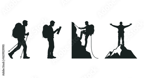 Four mountain climber silhouettes showing different activities silhouette